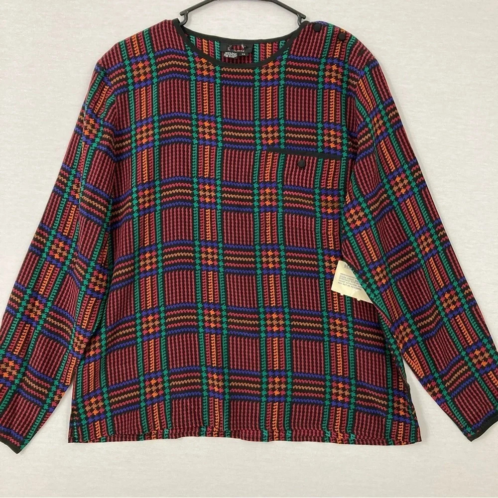 New Vintage Women's 100% Silk Plaid Round‎ Neck Long Sleeve Blouse size 12